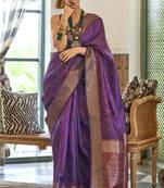 Kalki Koechlin Latest Purple Two Torn Organza Silk Saree With Blouse