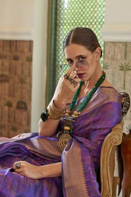 Kalki Koechlin Latest Purple Two Torn Organza Silk Saree With Blouse 2