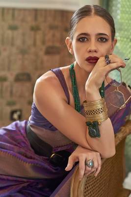 Kalki Koechlin Latest Purple Two Torn Organza Silk Saree With Blouse 3