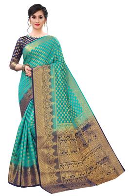Green woven banarasi silk saree with blouse 4
