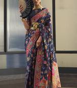 Navy Blue Handloom Cotton Silk Weaving Zari Work Festive Wear Saree With Blouse 