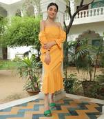 Nia Mimosa Yellow Off Shoulder Smoked Midi Dress