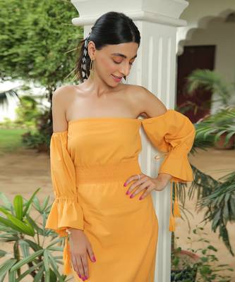 Nia Mimosa Yellow Off Shoulder Smoked Midi Dress 4