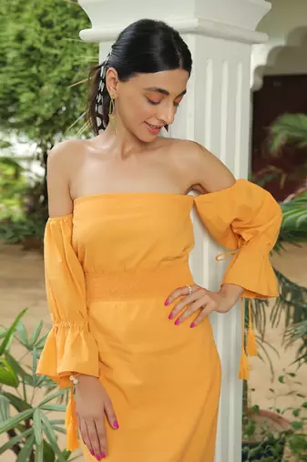 Nia Mimosa Yellow Off Shoulder Smoked Midi Dress