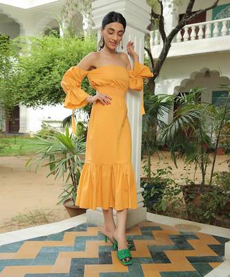 Nia Mimosa Yellow Off Shoulder Smoked Midi Dress 5