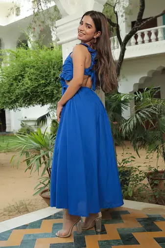 Classic Blue Ruffled Waist Cut Out Maxi Dress