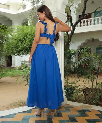 Classic Blue Ruffled Waist Cut Out Maxi Dress 3