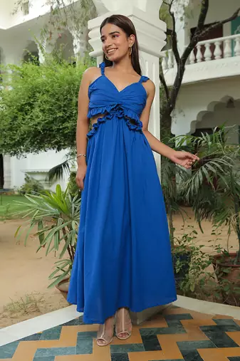 Classic Blue Ruffled Waist Cut Out Maxi Dress