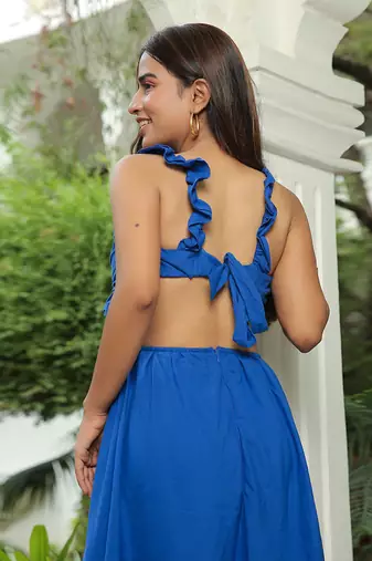 Classic Blue Ruffled Waist Cut Out Maxi Dress
