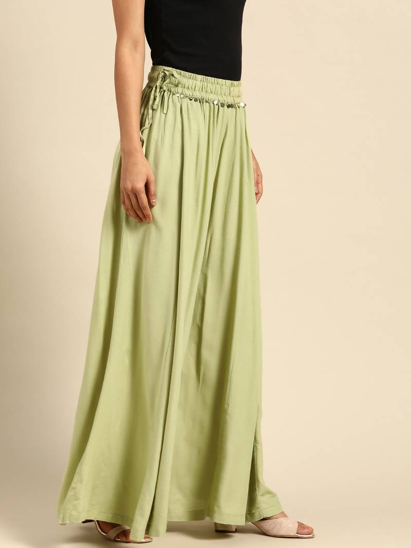 Tag 7 Pista Green rayon double flared palazzo