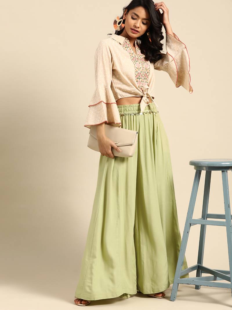 Tag 7 Pista Green rayon double flared palazzo