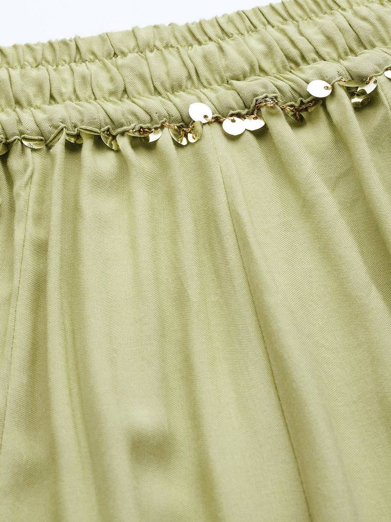 Tag 7 Pista Green rayon double flared palazzo