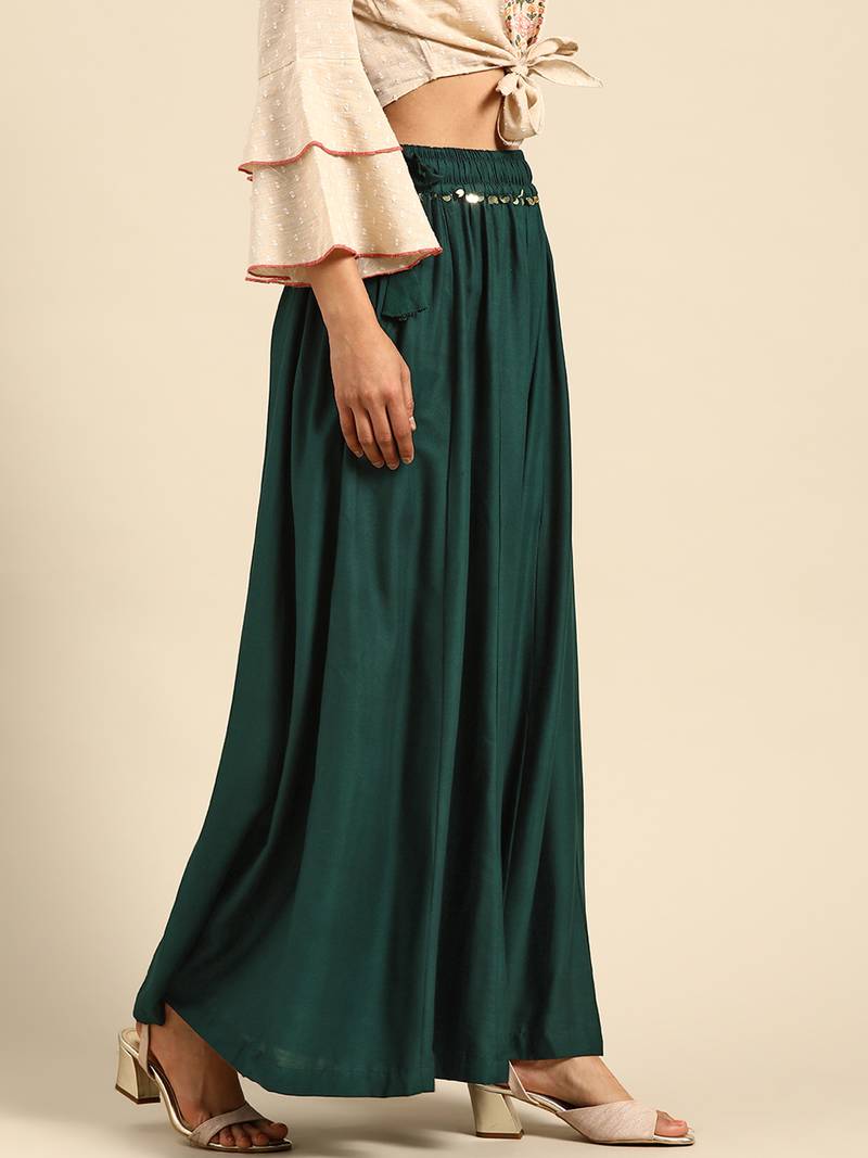 Tag 7 Bottle Green rayon double flared palazzo