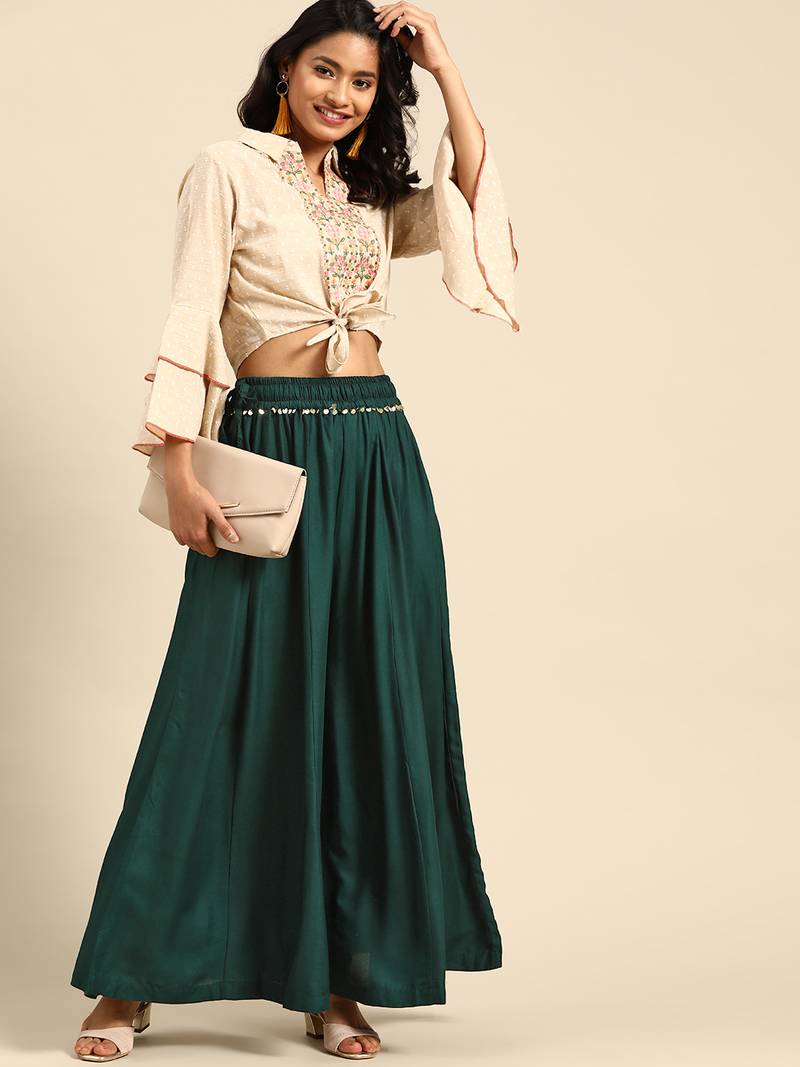 Tag 7 Bottle Green rayon double flared palazzo