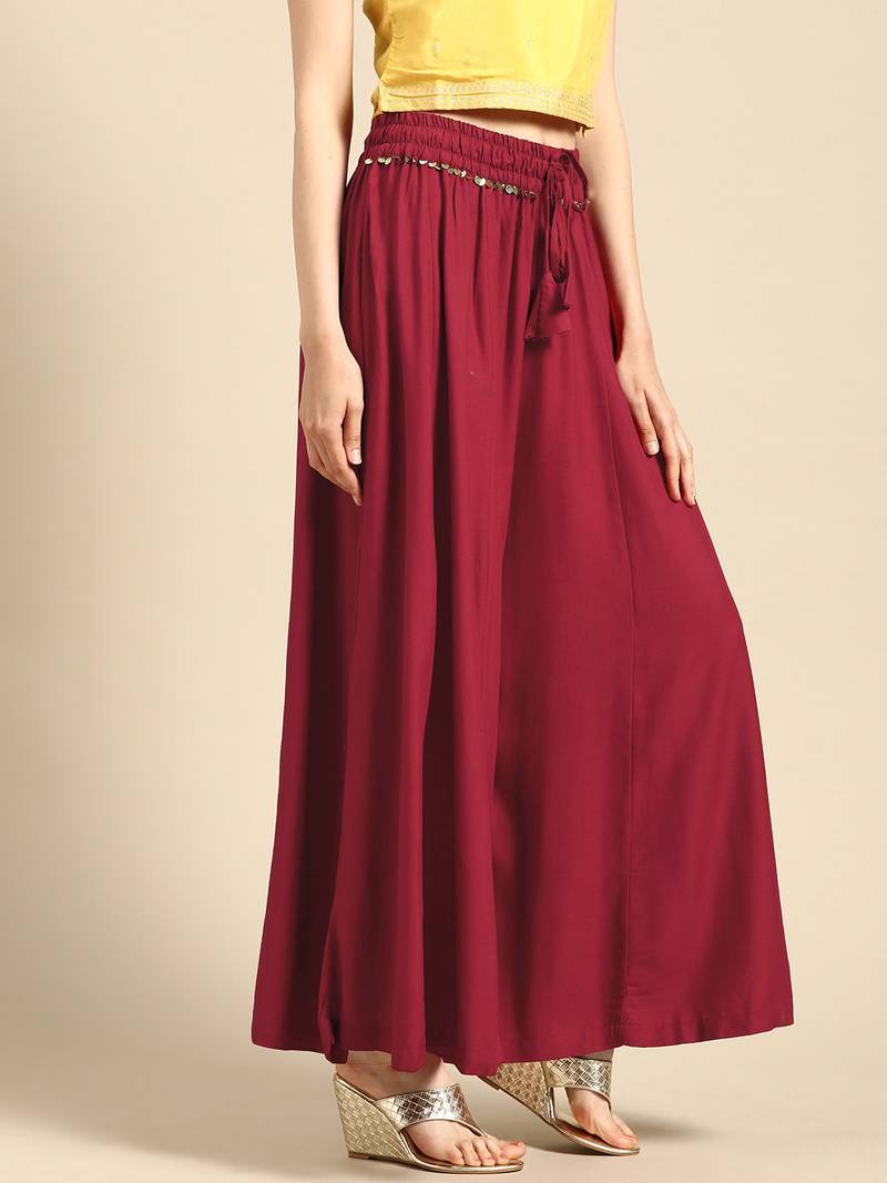 Tag 7 Maroon rayon double flared palazzo