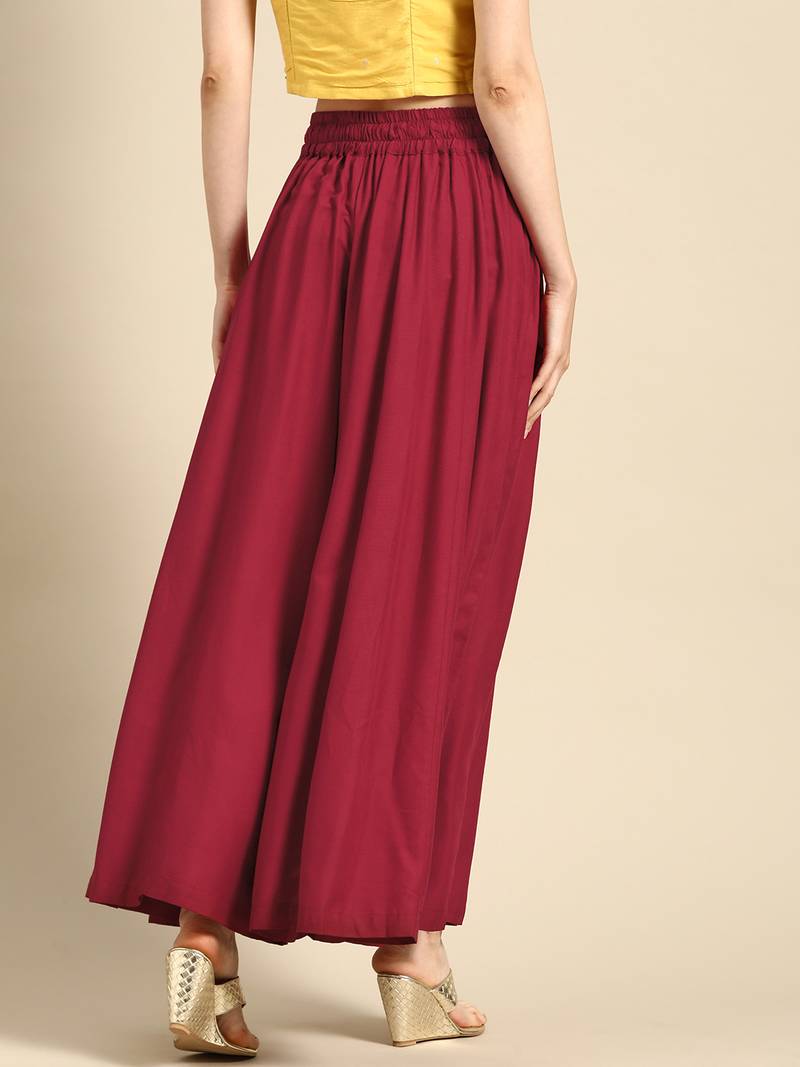 Tag 7 Maroon rayon double flared palazzo