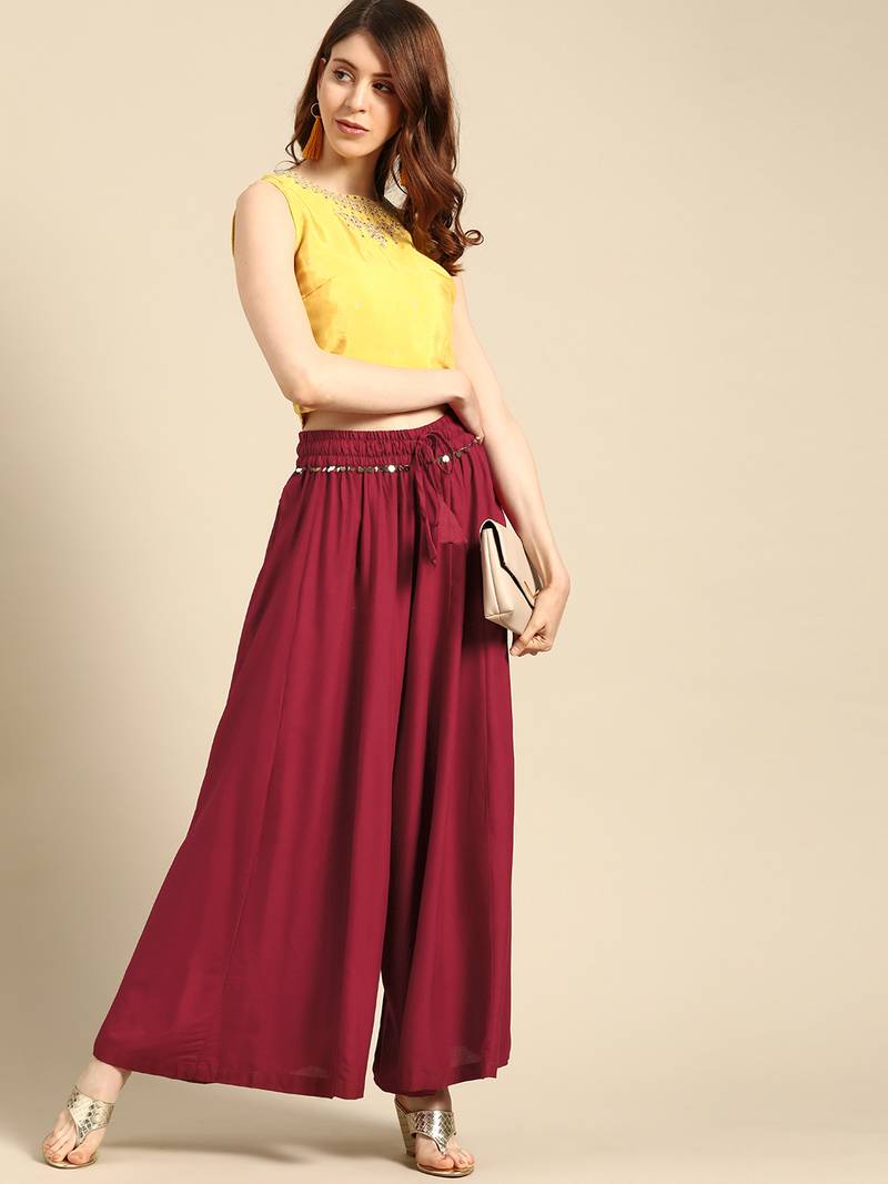 Tag 7 Maroon rayon double flared palazzo