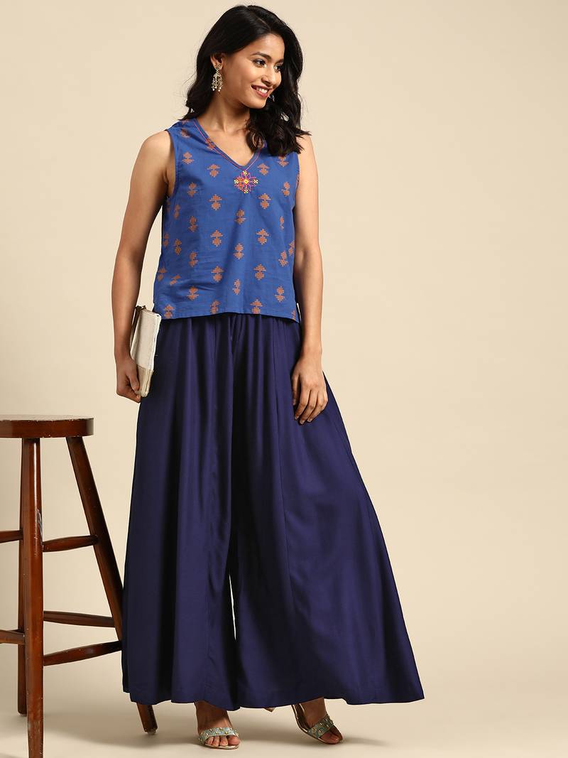Tag 7 Navy Blue rayon double flared palazzo