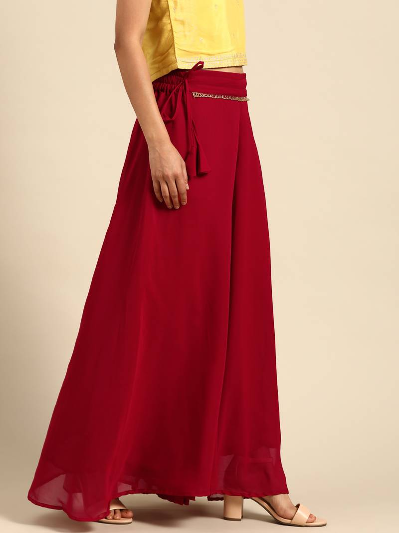 Tag 7 Maroon georgette double flared palazzo