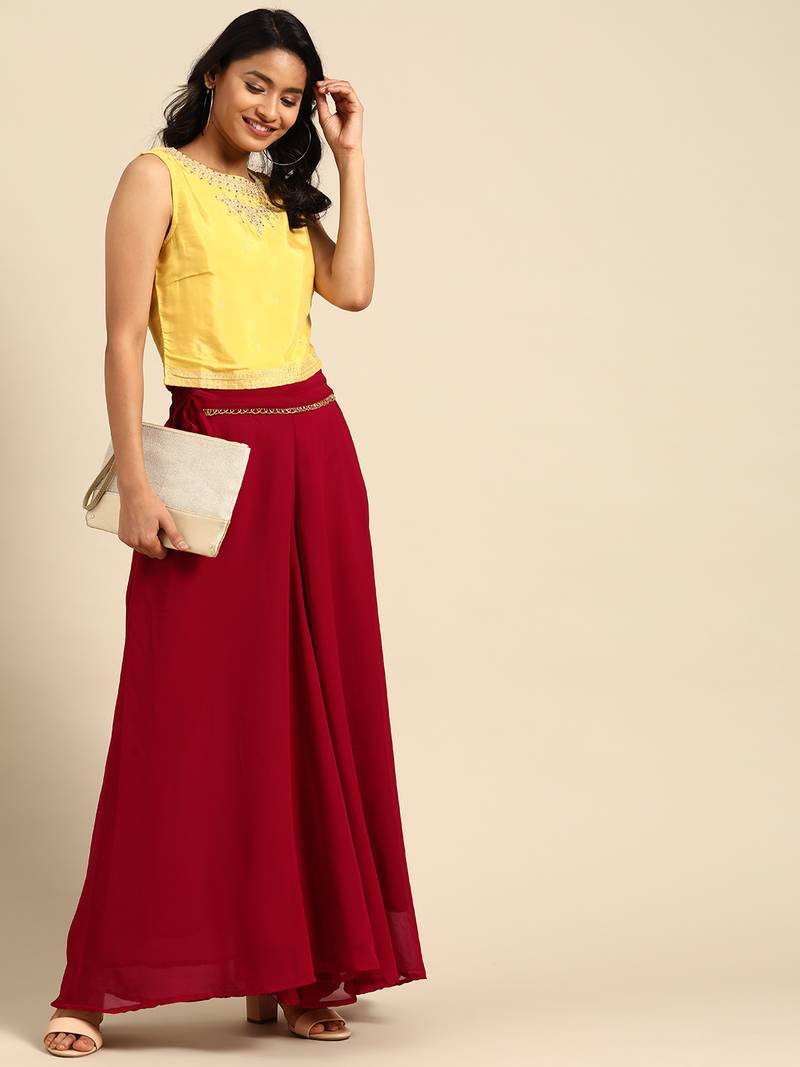 Tag 7 Maroon georgette double flared palazzo