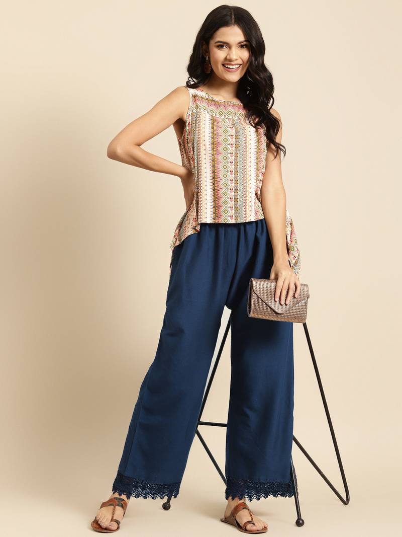 NAVY FLAX BORDER PALAZZO