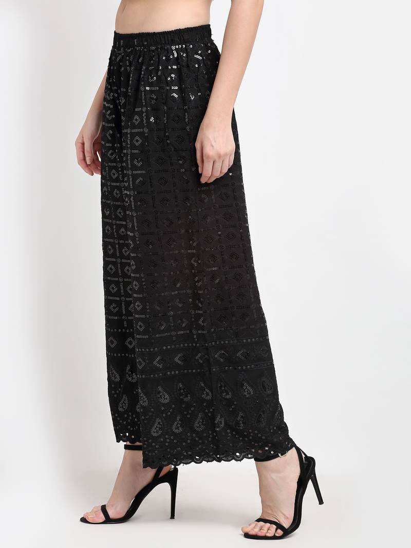 TAG 7 WOMEN BLACK SEQUENCE EMBROIDERED FLARED PALAZZO