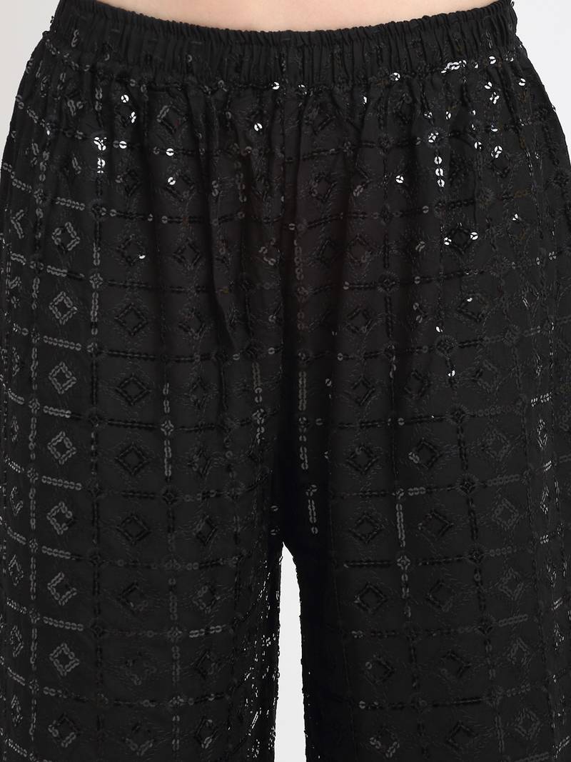 TAG 7 WOMEN BLACK SEQUENCE EMBROIDERED FLARED PALAZZO