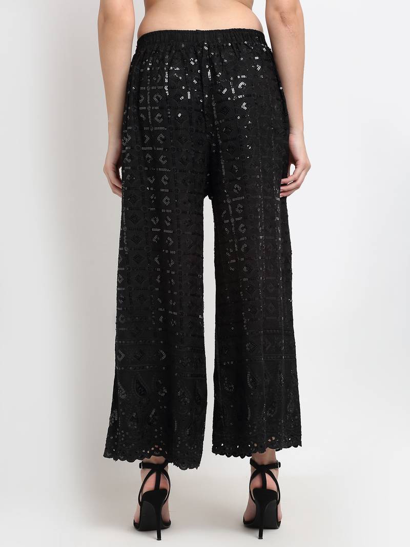 TAG 7 WOMEN BLACK SEQUENCE EMBROIDERED FLARED PALAZZO