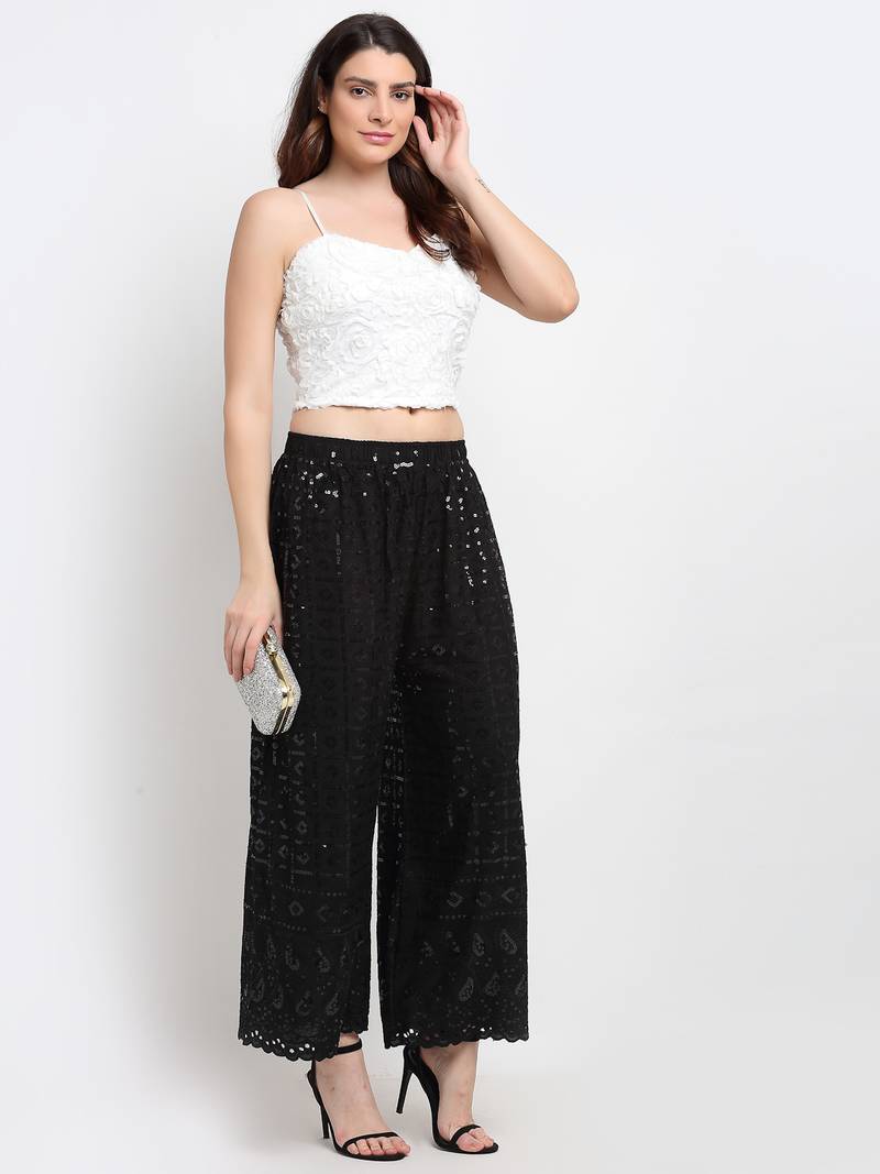 TAG 7 WOMEN BLACK SEQUENCE EMBROIDERED FLARED PALAZZO