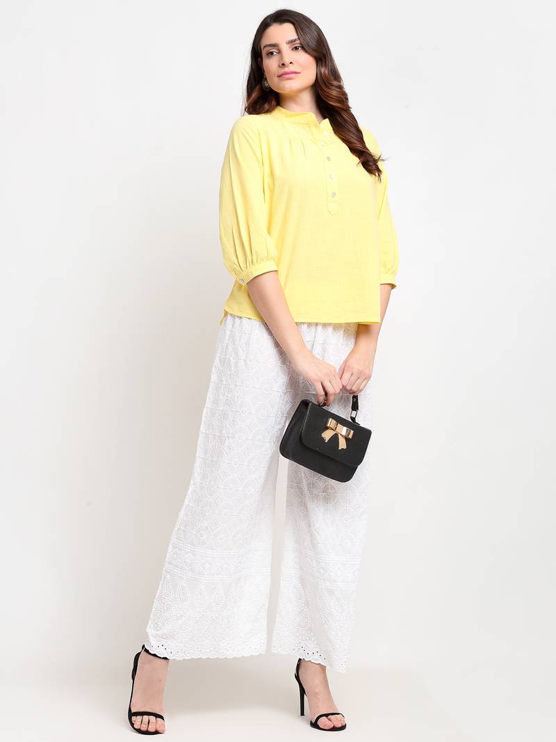 TAG 7 WOMEN WHITE SEQUENCE EMBROIDERED FLARED PALAZZO