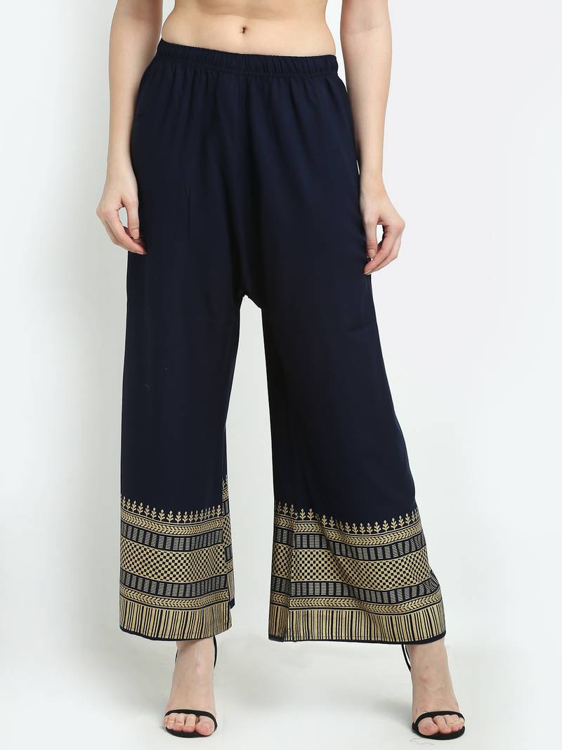 TAG 7 WOMEN NAVY GOLD FOIL PRINT FLARED PALAZZO