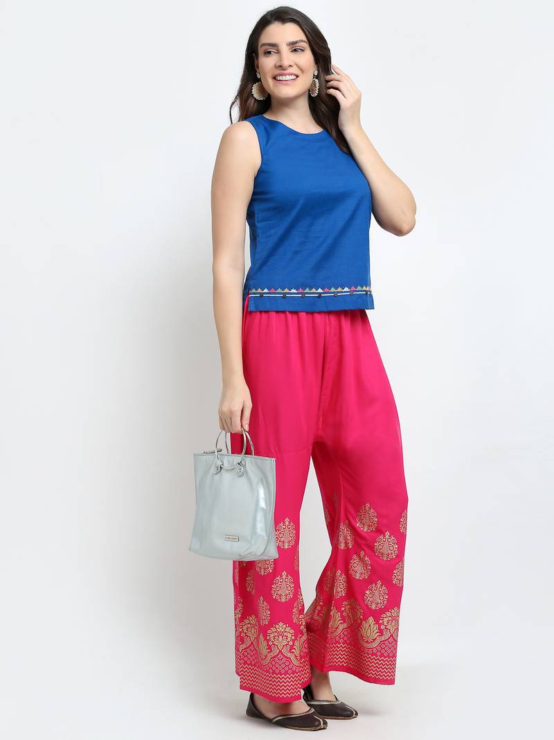 TAG 7 WOMEN PINK GOLD FOIL PRINT FLARED PALAZZO