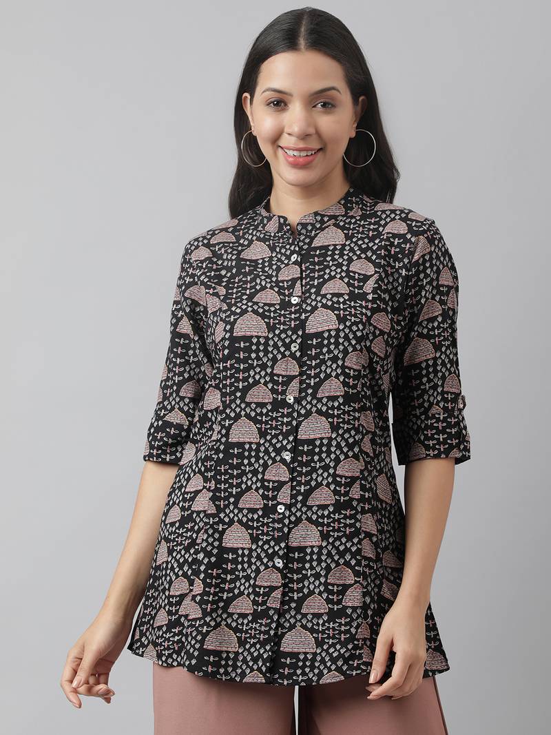 Black printed viscose rayon tunics