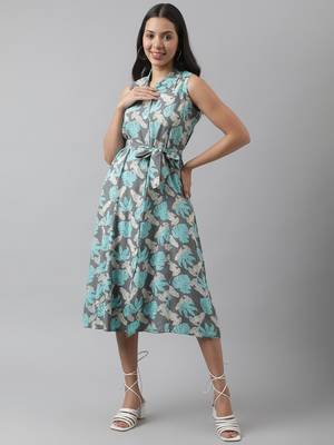 Grey printed viscose rayon long-dresses 1