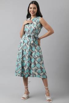 Grey printed viscose rayon long-dresses