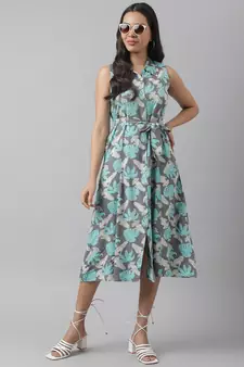Grey printed viscose rayon long-dresses