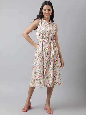 Cream printed viscose rayon long-dresses 1