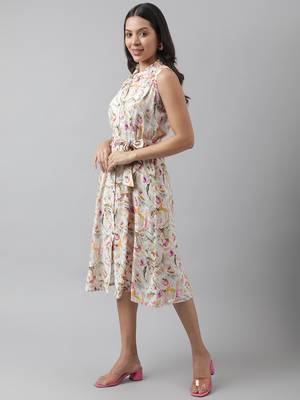 Cream printed viscose rayon long-dresses 3