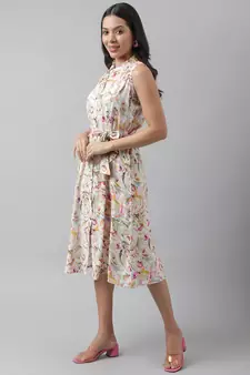 Cream printed viscose rayon long-dresses