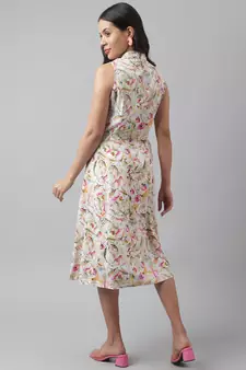Cream printed viscose rayon long-dresses