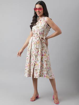 Cream printed viscose rayon long-dresses 5