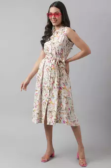 Cream printed viscose rayon long-dresses