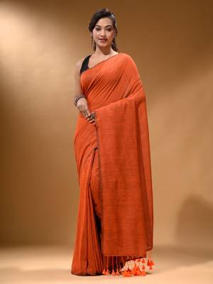 Orange Cotton Handspun Soft Saree With Pompom 1