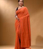 Orange Cotton Handspun Soft Saree With Pompom