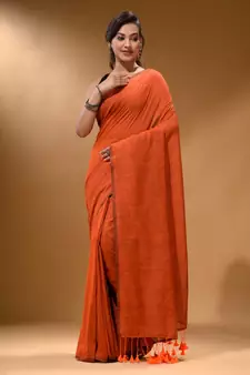 Orange Cotton Handspun Soft Saree With Pompom