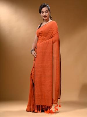 Orange Cotton Handspun Soft Saree With Pompom 3