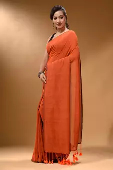 Orange Cotton Handspun Soft Saree With Pompom