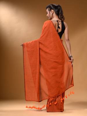 Orange Cotton Handspun Soft Saree With Pompom 4
