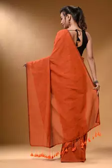 Orange Cotton Handspun Soft Saree With Pompom