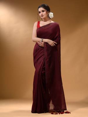 Maroon Cotton Handspun Soft Saree With Pompom 1